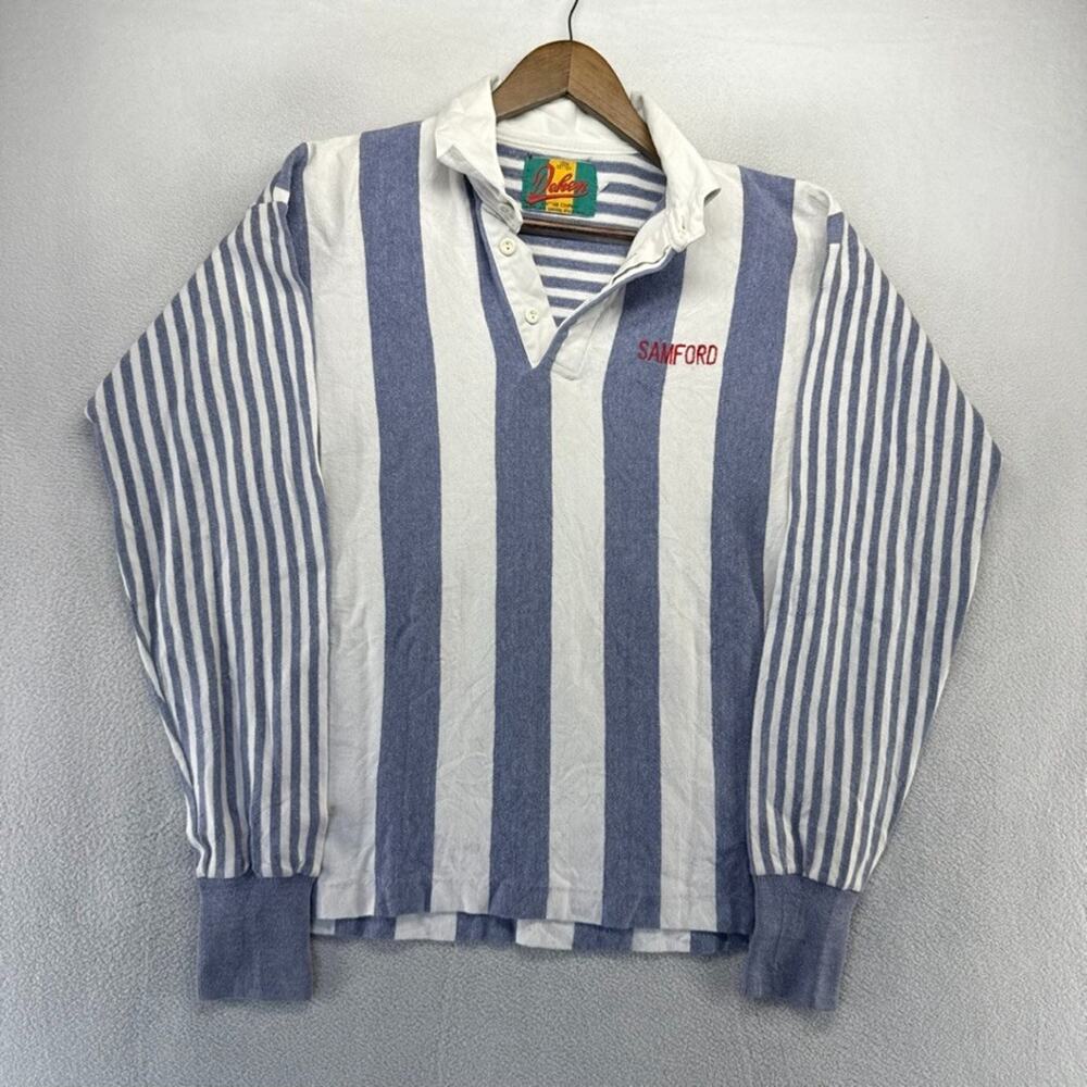 Vintage Samford University Rugby Shirt men's Medium Blue White Striped Dehen 80s